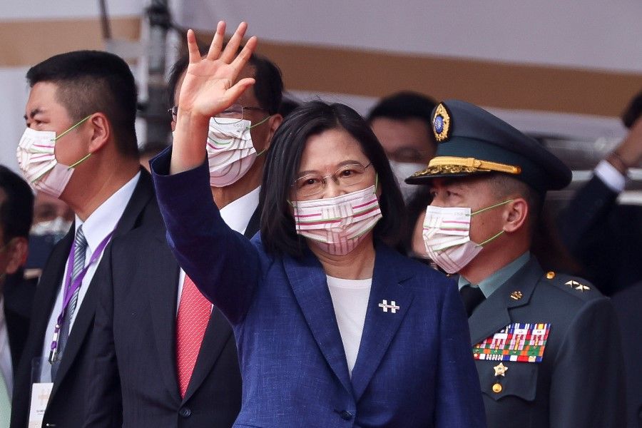 Taiwan's President Tsai Ing-wen waves during the national day celebration in Taipei, Taiwan, 10 October 2021. (Ann Wang/Reuters)