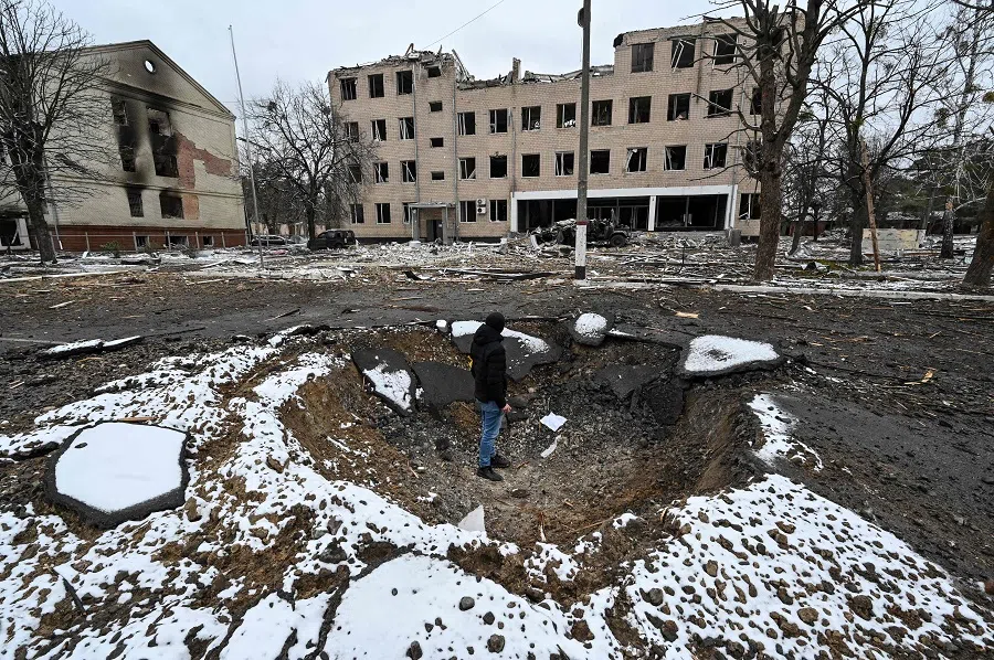 A view of the military facility that was destroyed by recent shelling in the city of Brovary outside Kyiv, Ukraine, on 1 March 2022. (Genya Savilov/AFP)