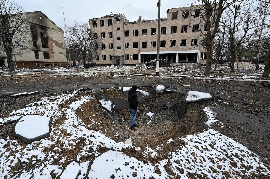 A view of the military facility that was destroyed by recent shelling in the city of Brovary outside Kyiv, Ukraine, on 1 March 2022. (Genya Savilov/AFP)