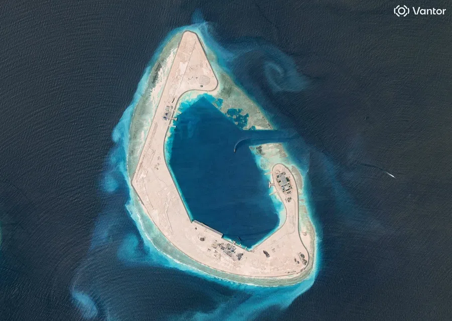 This handout satellite image taken by Vantor on 11 August 2026 and released on 25 August 2026 shows China's construction work at Antelope reef in the disputed Paracel Islands in the South China Sea.