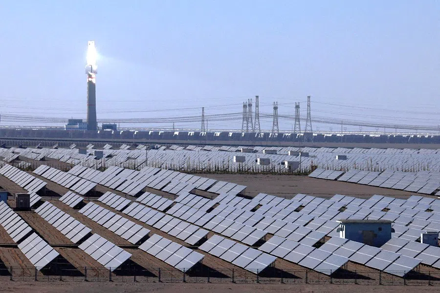 A general view of solar panels at the Dunhuang photovoltaic industrial park, during an organised media tour to Dunhuang, in Gansu province, China, on 16 October 2024.
