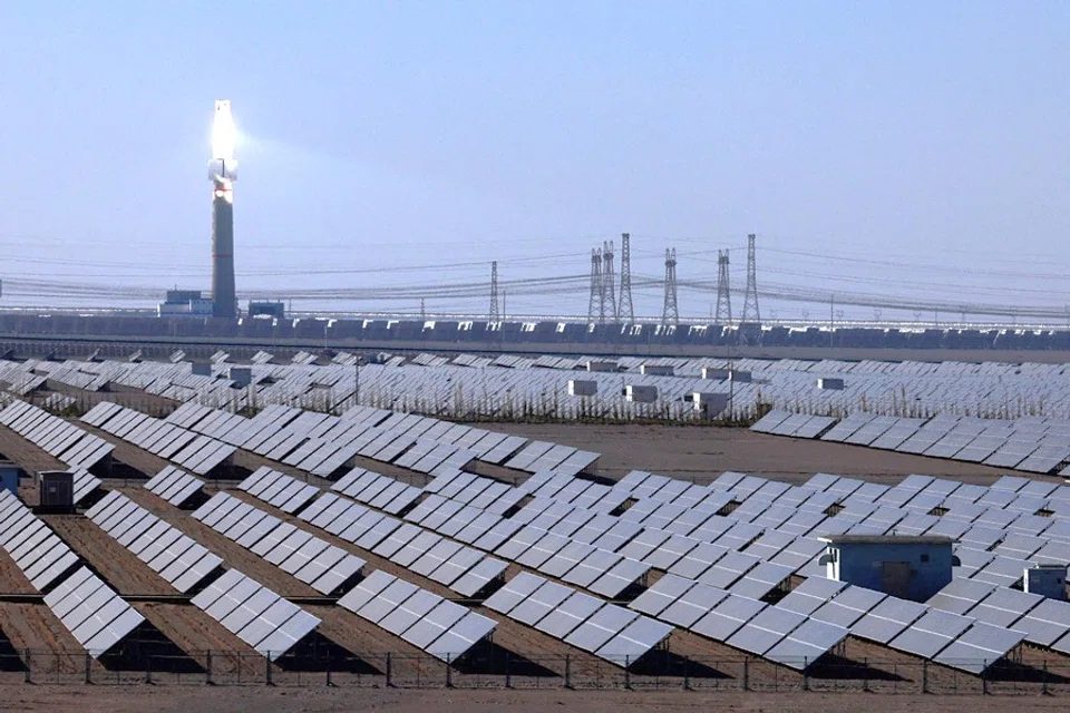 A general view of solar panels at the Dunhuang photovoltaic industrial park, during an organised media tour to Dunhuang, in Gansu province, China, on 16 October 2024. (Tingshu Wang/Reuters)