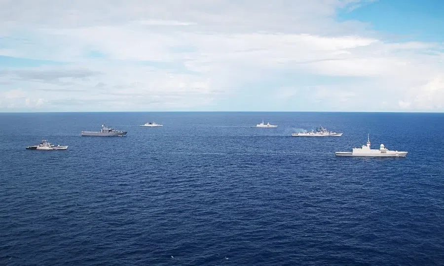The Republic of Singapore Navy and Indian Navy sailing in formation during the Singapore India Maritime Bilateral Exercise (SIMBEX) 2020, 25 November 2020. (Ministry of Defence, Singapore)