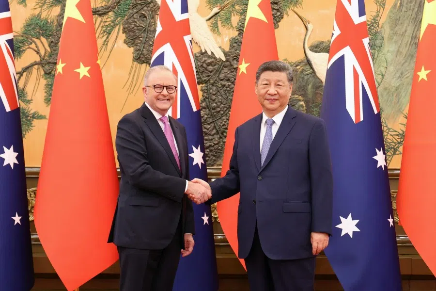 Chinese President Xi Jinping and Australian Prime Minister Anthony Albanese shake hands at the Great Hall of the People in Beijing, China, on 15 July 2025.