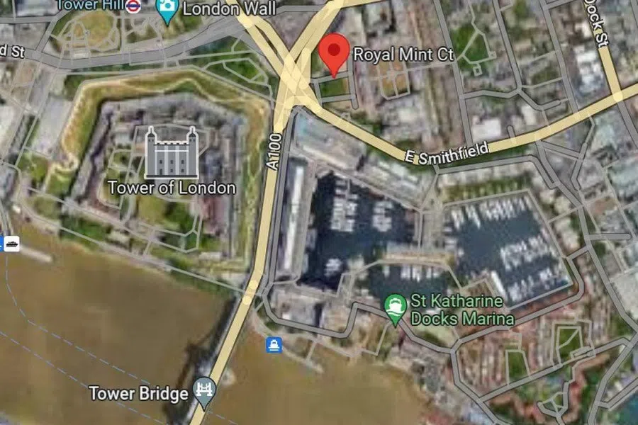 A Google Maps image of the area around Tower Bridge where China's proposed London embassy would be located. (Screen grab from Google Maps)