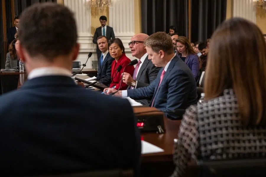 H.R. McMaster, senior fellow at the Hoover Institution, centre, delivers his opening statement during a House Select Committee on the Strategic Competition Between the United States and the Chinese Communist Party hearing in Washington, DC, US, on 28 February 2023. (Anna Rose Layden/Bloomberg)