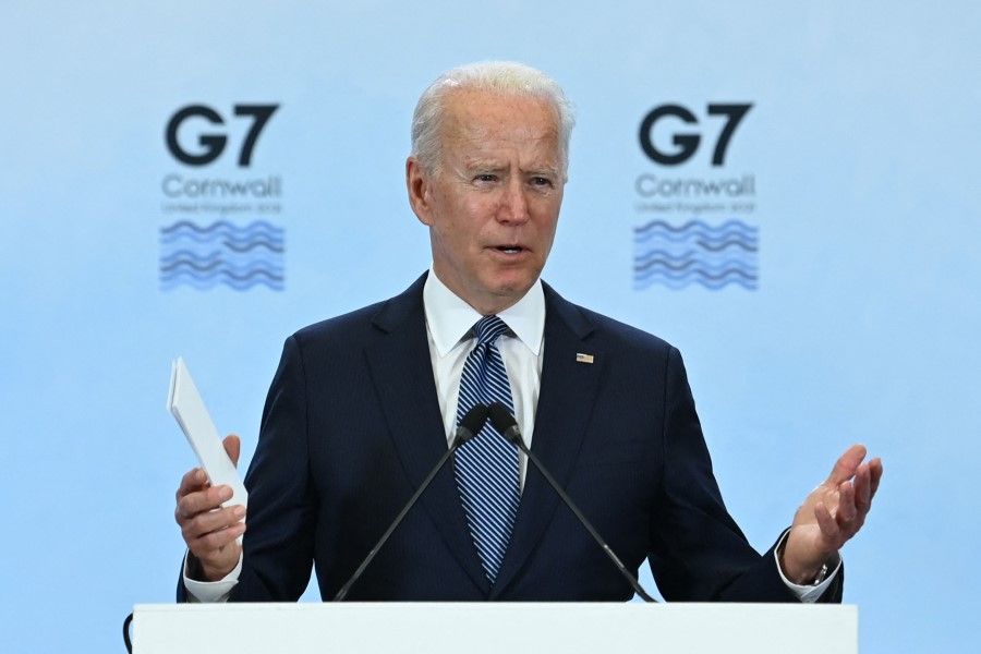 US President Joe Biden takes part in a press conference on the final day of the G7 summit at Cornwall Airport Newquay, near Newquay, Cornwall on 13 June 2021. (Brendan Smialowski/AFP)