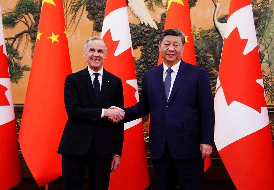Canadian Prime Minister Mark Carney shakes hands with President of China Xi Jinping at the Great Hall of the People in Beijing, China, on 16 January 2026. (Sean Kilpatrick/Pool via Reuters)