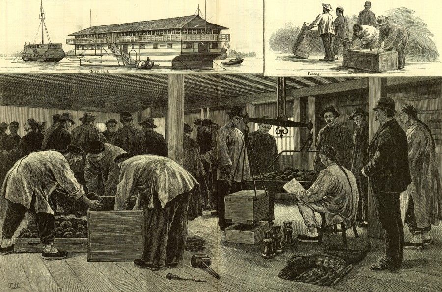 Etching from The Illustrated London News, 8 December 1883, captioned "Sketches in China - On Board an Opium Hulk at Shanghai". After Shanghai overtook Guangzhou as China's largest trading port, the most imported product was opium. Large cargo boats stopped at the Huangpu River, and opium was traded. After the Opium Wars, Britain exported a lot of opium to China for handsome gains, which contributed to the wealth of its empire.
