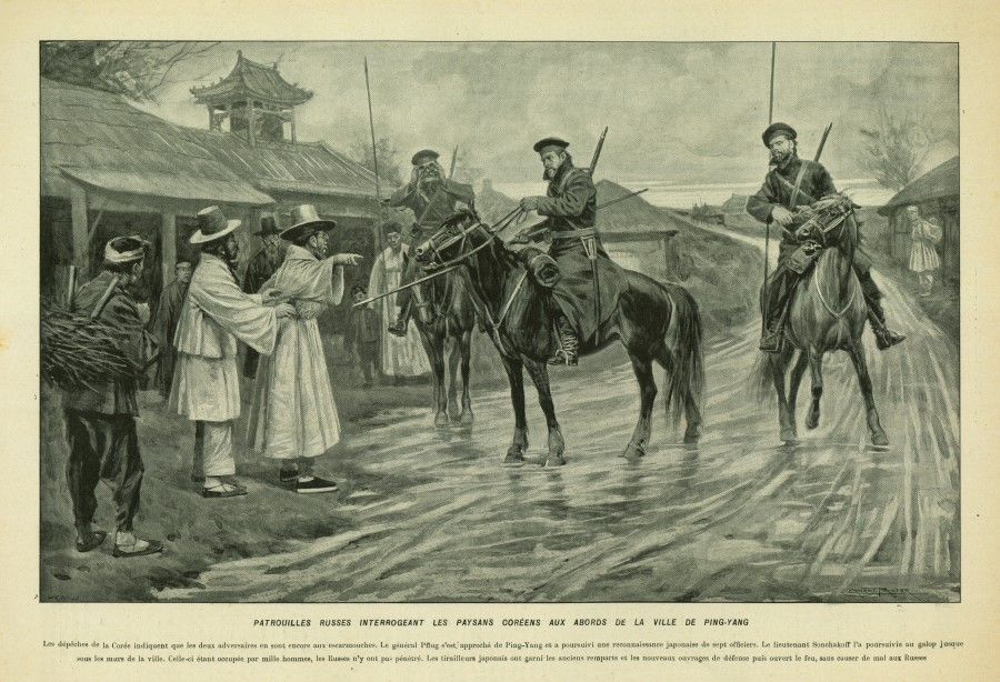 An illustration from a French publication, 1904, titled "A Russian Patrol Questioning Farmers in Pyongyang". During the Russo-Japanese war, Russia sent troops to Pyongyang to investigate Japanese troop plans after landing at the Liaodong Peninsula.