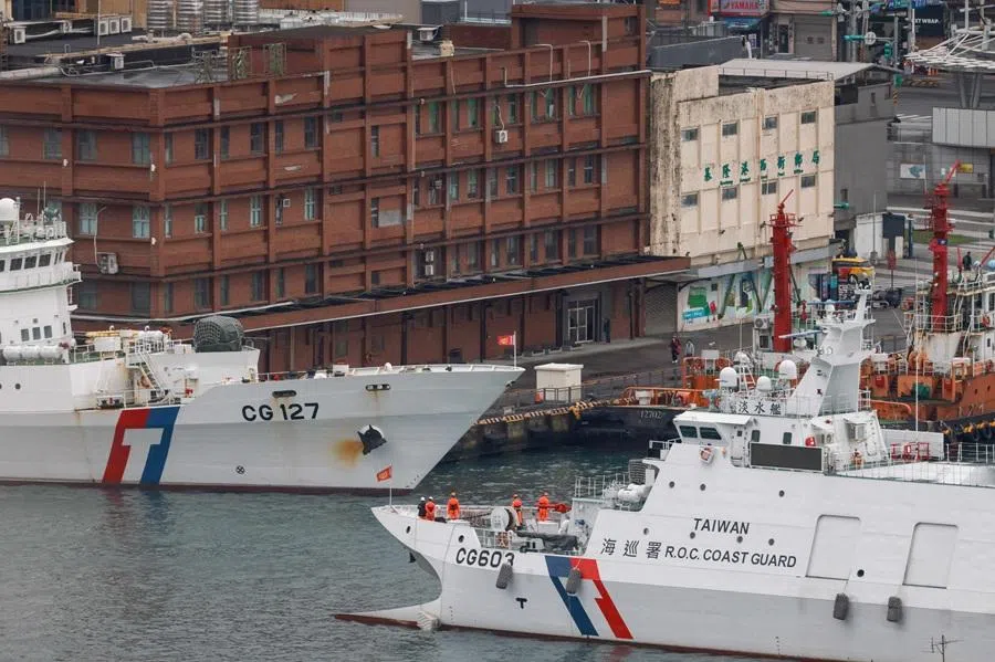 Taiwan Coast Guard patrol vessels are stationed in Keelung, as China conducts "Justice Mission 2025" military drills around Taiwan, in Keelung, Taiwan, on 30 December 2025.