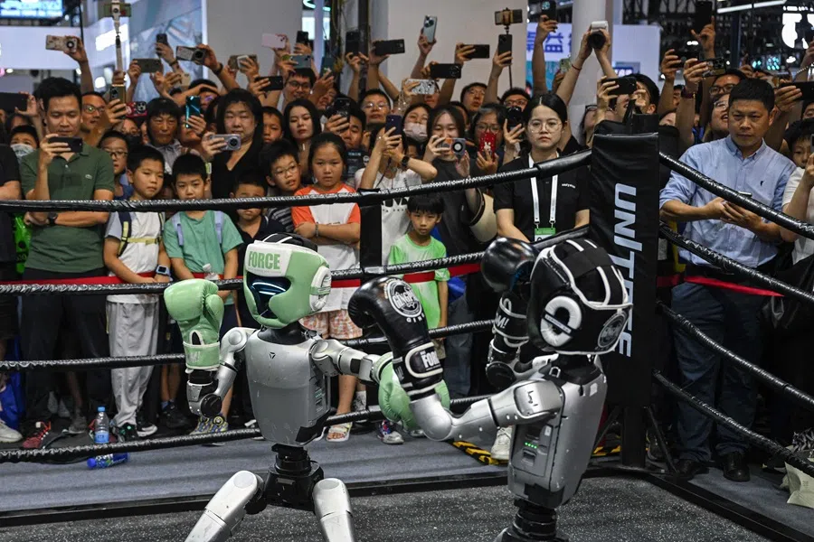 People watch remote-controlled robots by Unitree Robotics boxing during the WAIC at the Shanghai World Expo and Convention Center in Shanghai on 28 July 2025. (Hector Retamal/AFP)