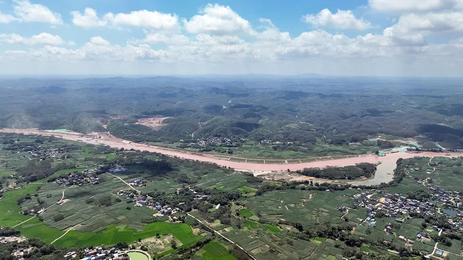 A shot captured by a drone camera of a canal running through Qinzhou, Guangxi on 27 August 2024. 