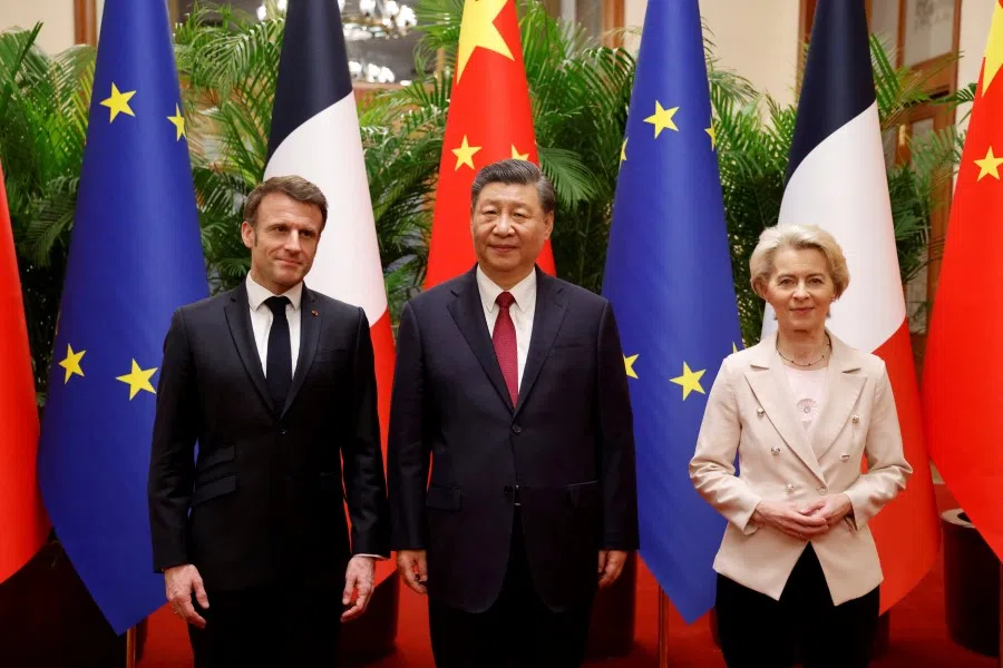 China's President Xi Jinping (centre), his French counterpart Emmanuel Macron (left) and European Commission President Ursula von der Leyen (right) meet for a working session in Beijing, China, 6 April 2023. (Ludovic Marin/Reuters)