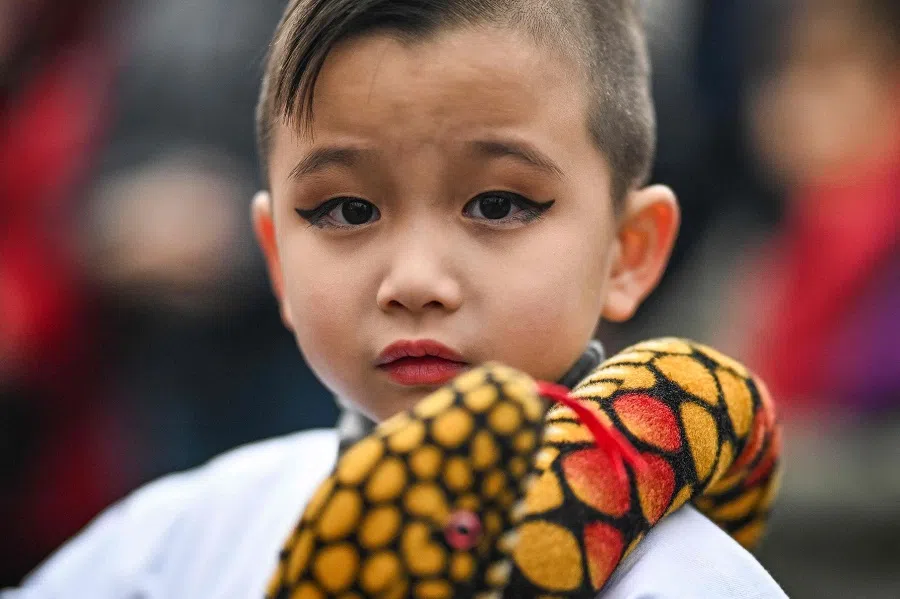 A child holds a soft toy snake as people celebrate the Chinese Lunar New Year, in Lisbon on 1 February 2025.