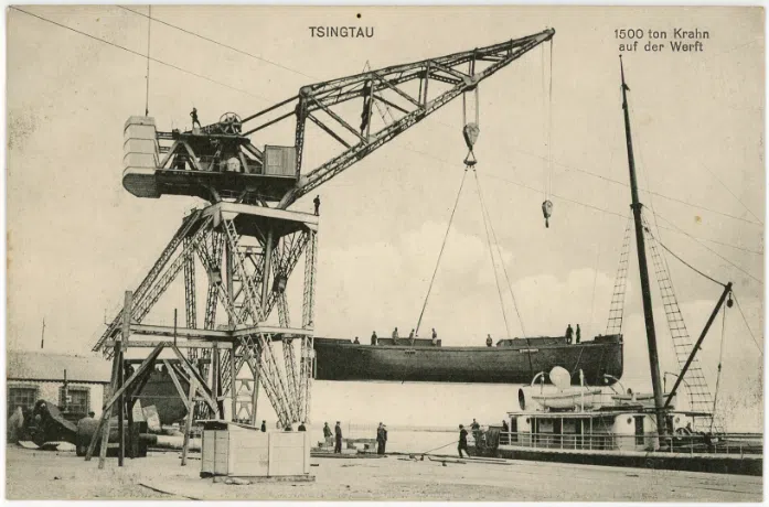 A postcard showing a crane at the Qingdao port in the 1900s, the largest in Asia at the time.