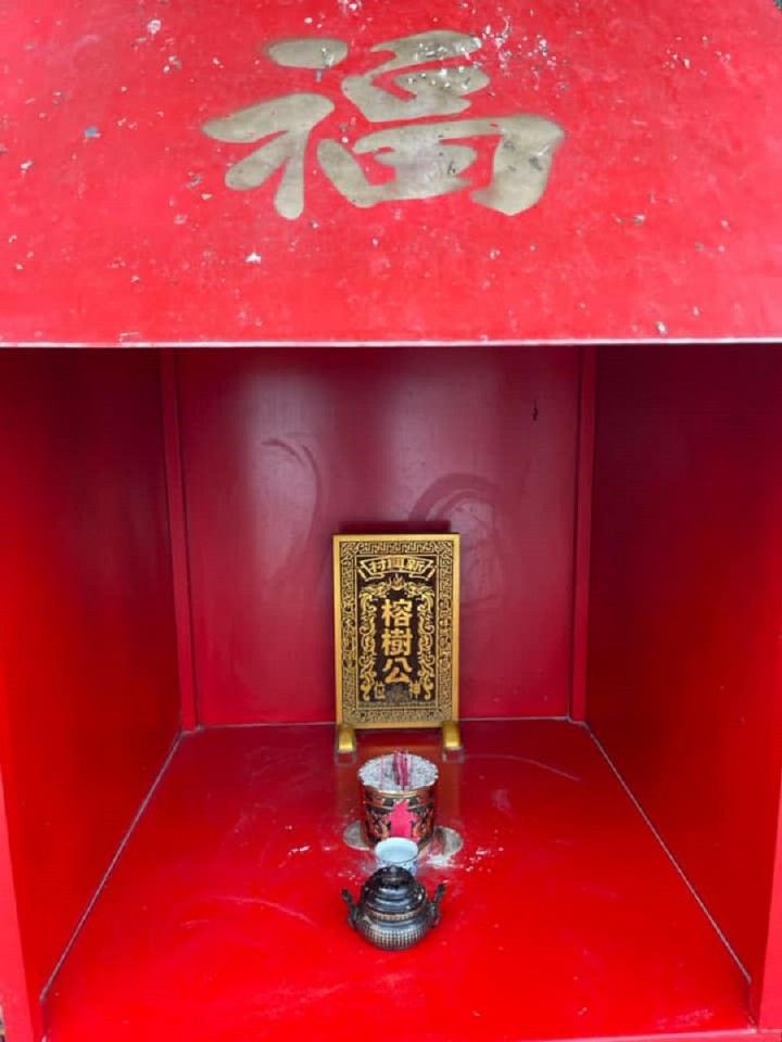 The small shrine that villagers built with a "Lord of the banyan tree" tablet within. (Facebook/蔣勳)