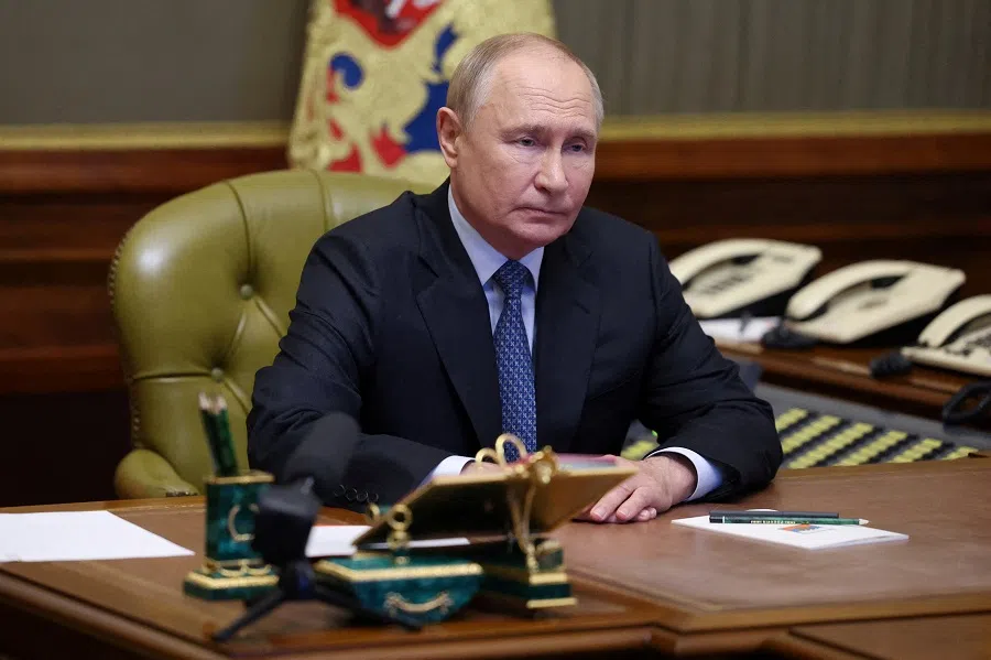 Russian President Vladimir Putin chairs a meeting with members of the Security Council via video link at the Constantine Palace in Strelna on the outskirts of Saint Petersburg, Russia, 20 September 2024. (Alexander Kazakov/Sputnik/Pool via Reuters)