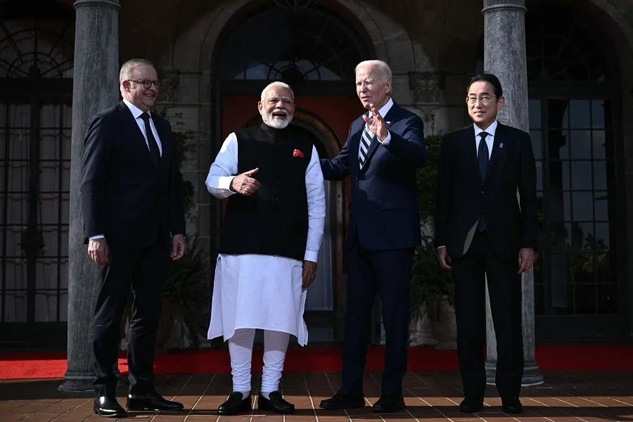 US President Joe Biden (second from right) participates in a Quadrilateral summit family photo with Australian Prime Minister Anthony Albanese (first from left), Indian Prime Minister Narendra Modi (second from left), and Japanese Prime Minister Fumio Kishida at the Archmere Academy in Wilmington, Delaware, on 21 September 2024.