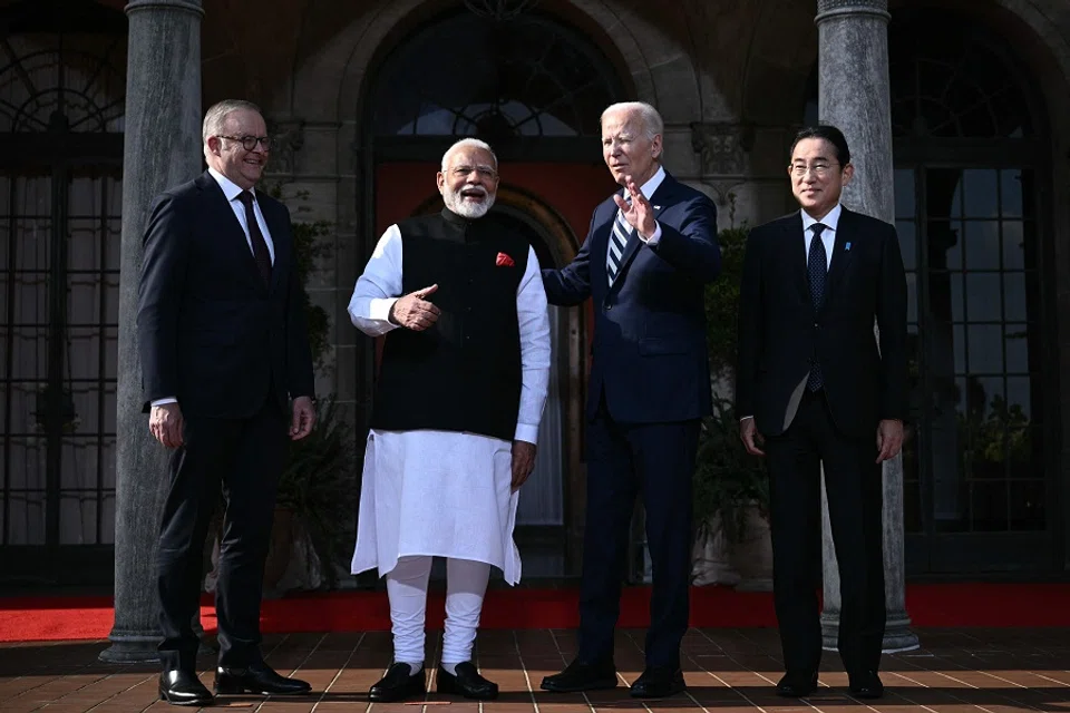 US President Joe Biden (second from right) participates in a Quadrilateral summit family photo with Australian Prime Minister Anthony Albanese (first from left), Indian Prime Minister Narendra Modi (second from left), and Japanese Prime Minister Fumio Kishida at the Archmere Academy in Wilmington, Delaware, on 21 September 2024. (Brendan Smialowski/AFP)