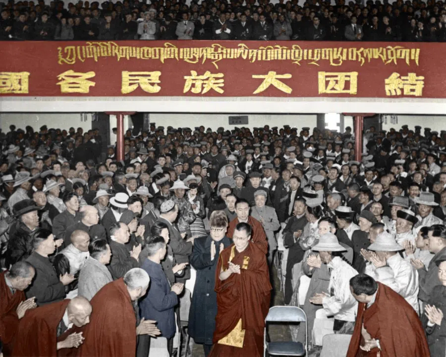 The Dalai Lama and Panchen Lama showing central government delegation head Chen Yi into the venue for the Preparatory Committee for the Autonomous Region of Tibet (PCART) inauguration, April 1956.