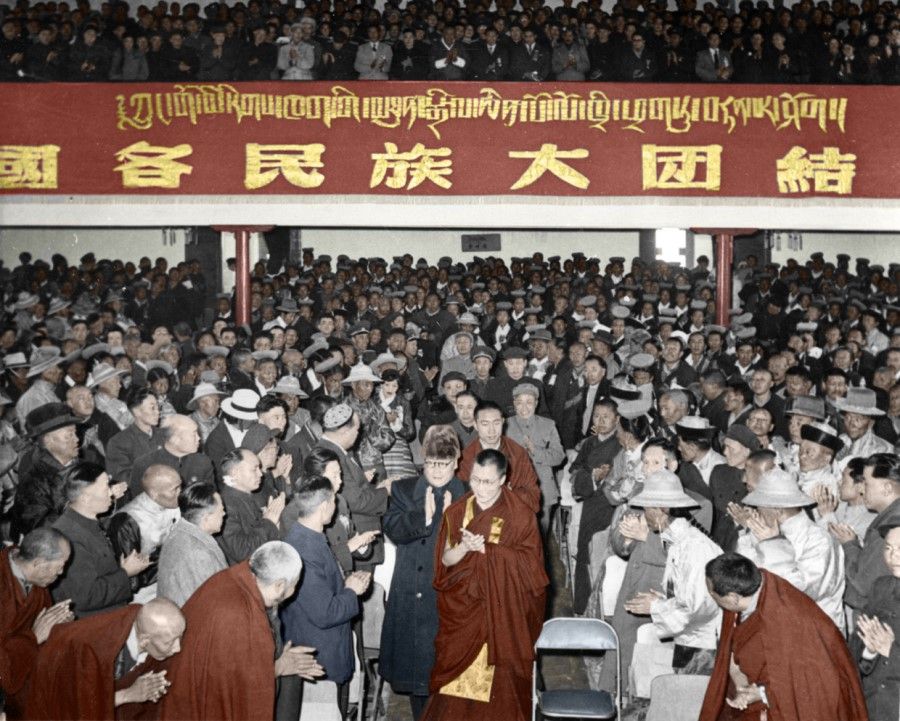 The Dalai Lama and Panchen Lama showing central government delegation head Chen Yi into the venue for the Preparatory Committee for the Autonomous Region of Tibet (PCART) inauguration, April 1956.