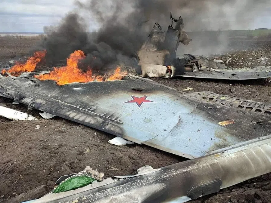 A view shows the remains of Russian fighting aircraft Su-35 hit by the Ukrainian Armed Forces, as Russia's attack on Ukraine continues, in the Kharkiv region, Ukraine, in this handout picture released on 3 April 2022. (Press service of the Ukrainian Armed Forces General Staff/Handout via Reuters)