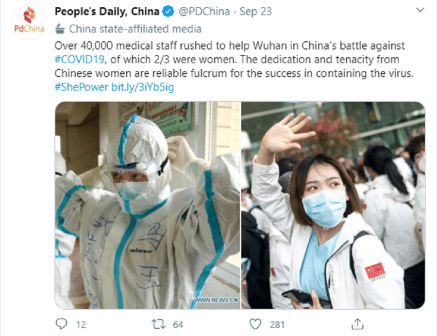 People's Daily post portraying the dedication of female medical staff in the fight against the Covid-19 pandemic. (Twitter/@PDChina)