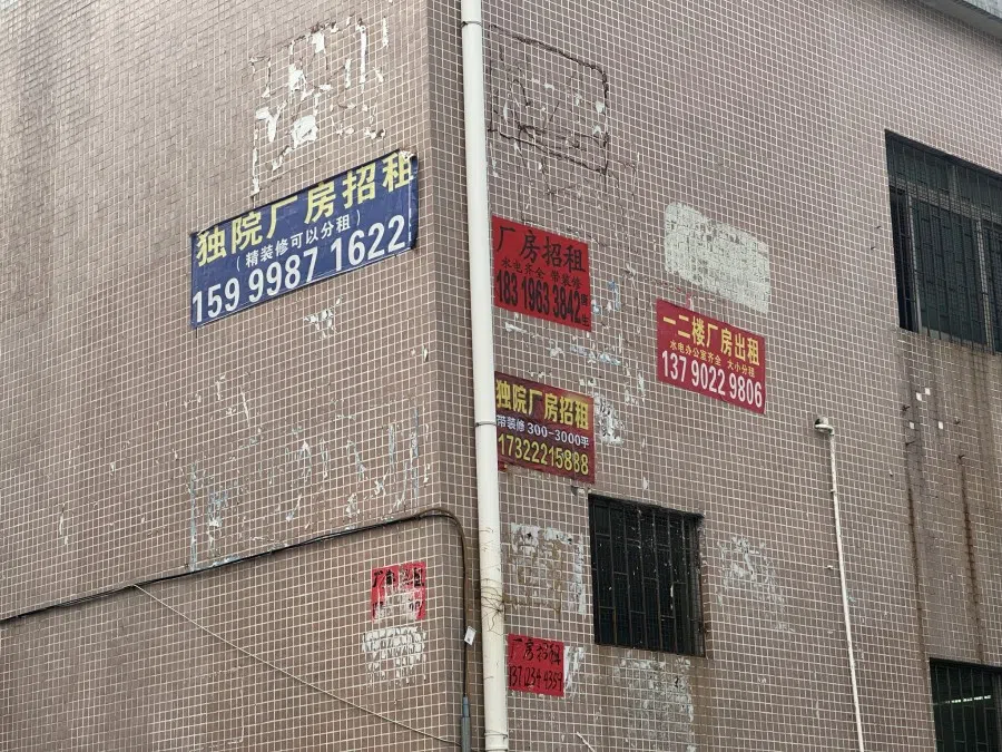To-let notices on factory walls in Dongguan, 23 November 2023.