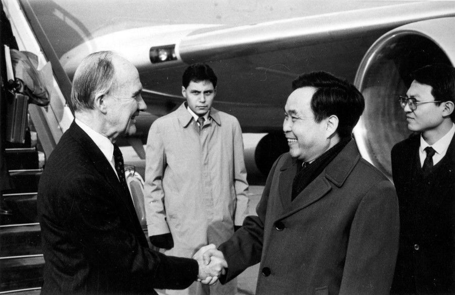 National security adviser Brent Scowcroft arriving in Beijing, 9 December 1989, received by vice-minister of Foreign Affairs Liu Huaqiu. This was secret diplomacy following the Tiananmen incident, which led to shockwaves when subsequently revealed.