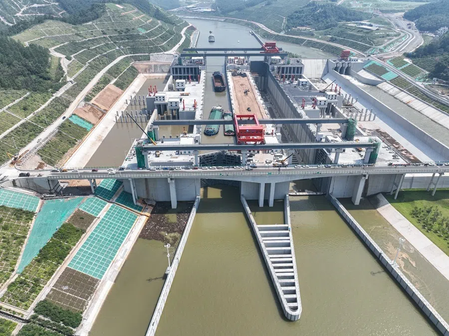 This drone photo shows the ship test at the Pinglu Canal’s Horse Trail Hub in Lingshan county, Qinzhou, Guangxi, on 12 August 2026.