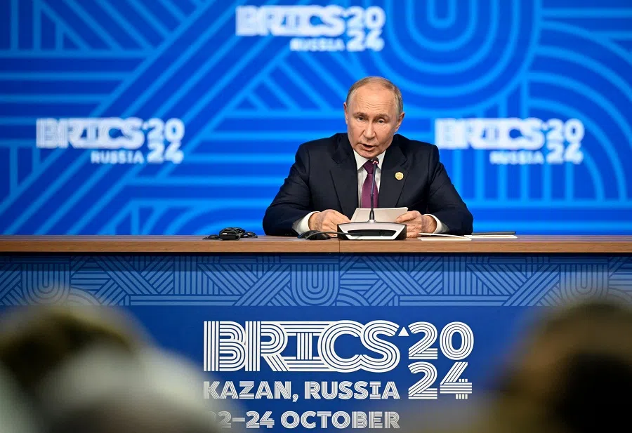 Russia’s President Vladimir Putin speaks during the BRICS summit in Kazan on 24 October 2024. (Alexander Nemenov/AFP)