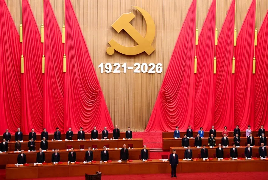 Chinese President Xi Jinping and party officials stand at a ceremony marking the 105th anniversary of the founding of the Chinese Communist Party at the Great Hall of the People in Beijing, China, on 1 July 2026.