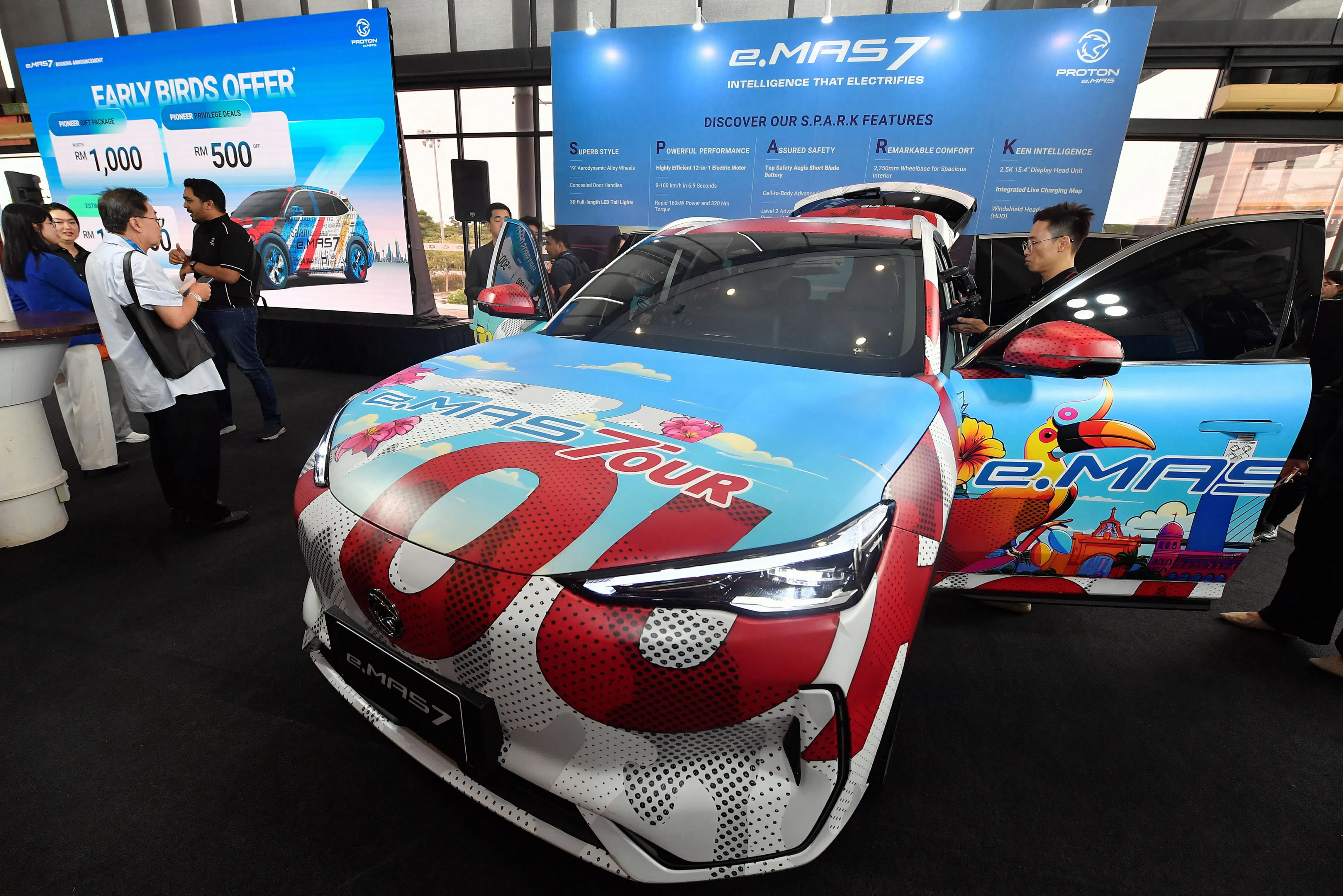 The Proton e.MAS 7 EV on display at a car expo in Malaysia on 26 October 2024.