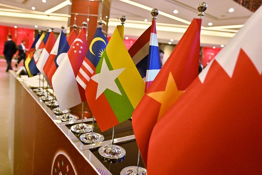 In this file photo taken on 4 November 2019, flags of ASEAN member countries attending the 35th ASEAN Summit in Bangkok are seen. (Romeo Gacad/AFP)
