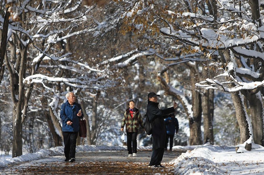 This photo taken on 7 November 2023 shows people visiting Beiling Park after snowfall in Shenyang, in China's northeastern Liaoning province. (AFP)