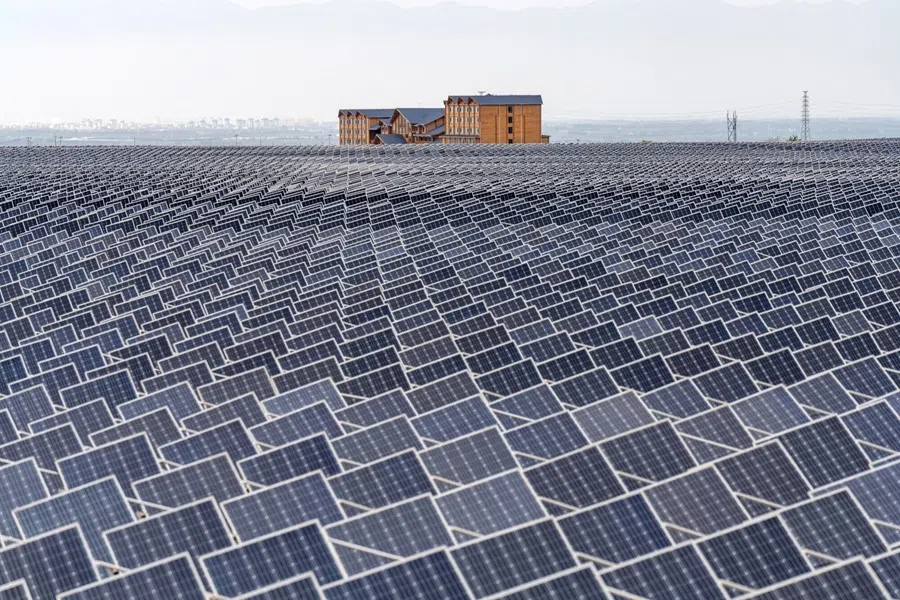Solar panels at the Baofeng Agriculture-Photovoltaic Integration Industrial Base near Yinchuan, Ningxia autonomous region, China, on 16 September 2025.