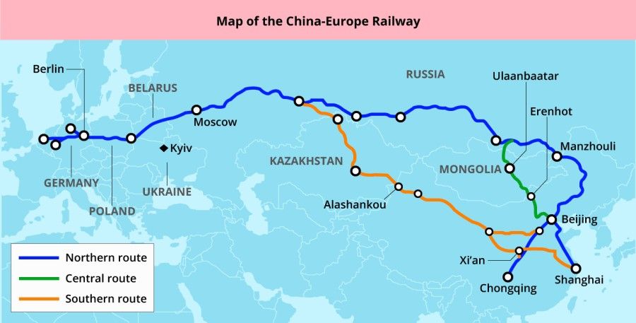 A map showing the route of the China-Europe Railway. (Graphic: Jace Yip)