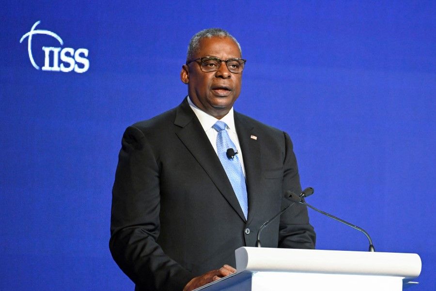 US Defence Secretary Lloyd Austin speaks at the First Plenary Session of the 19th Shangri-La Dialogue in Singapore, 11 June 2022. (Caroline Chia/Reuters)