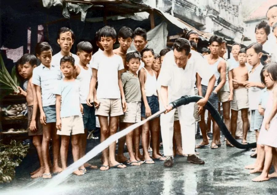 In 1968, Singapore launched a nationwide Cleanliness Campaign. Prime Minister Lee led by example, using a large water hose to wash the streets.