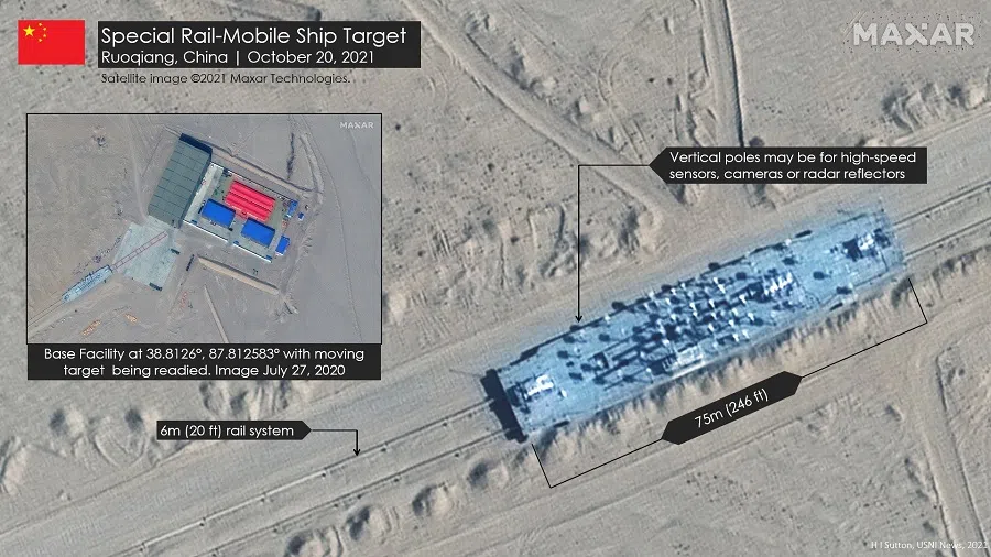 Satellite photographs from October 2021 by Maxar Technologies, showing the Chinese military’s new target range in the Taklamakan Desert in southwest Xinjiang with full-scale mock-ups of US warships that could be used as training targets. (Internet)