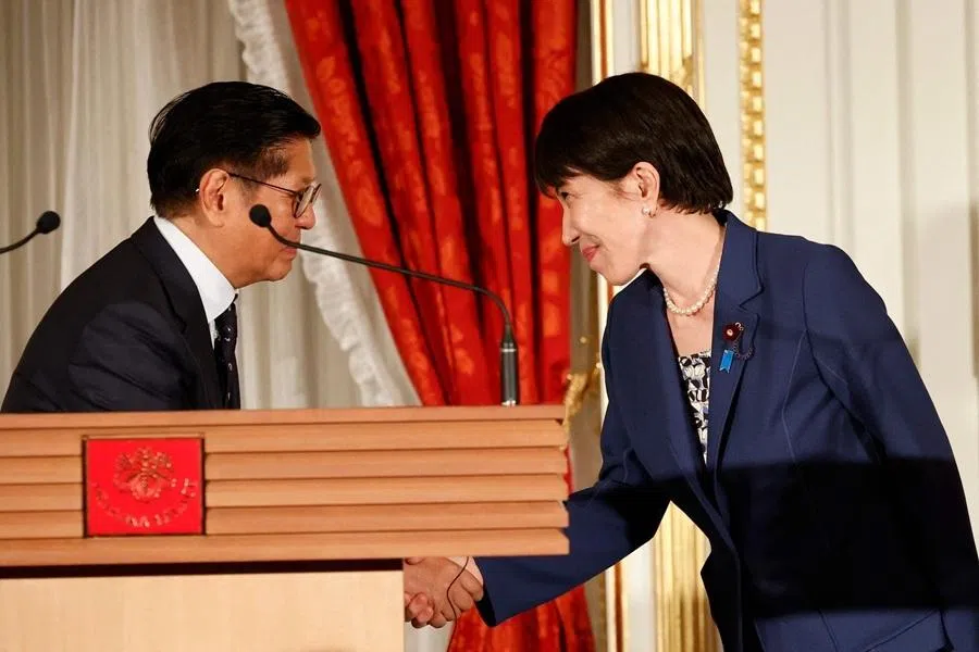 Philippine President Ferdinand Marcos Jr and Japanese Prime Minister Sanae Takaichi shake hands at a joint press conference at the Akasaka Palace State Guest House in Tokyo on 28 May 2026.
