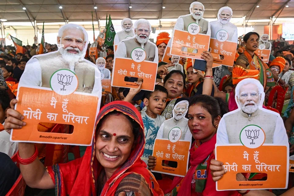 Supporters of Bharatiya Janata Party (BJP) hold cut-outs of India’s Prime Minister Narendra Modi during an election campaign rally in New Delhi, India on 18 May 2024. (Arun Sankar/AFP)