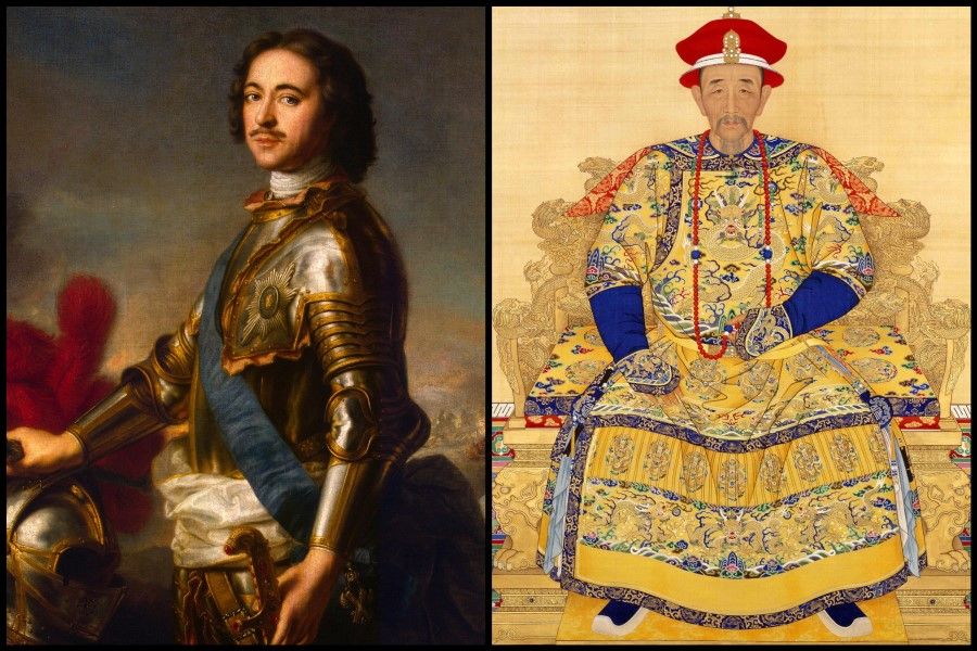 Peter the Great (left) and Emperor Kangxi (right) both wanted to make their countries strong by emulating Europe. (Wikimedia)