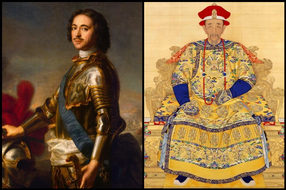 Peter the Great (left) and Emperor Kangxi (right) both wanted to make their countries strong by emulating Europe. (Wikimedia)