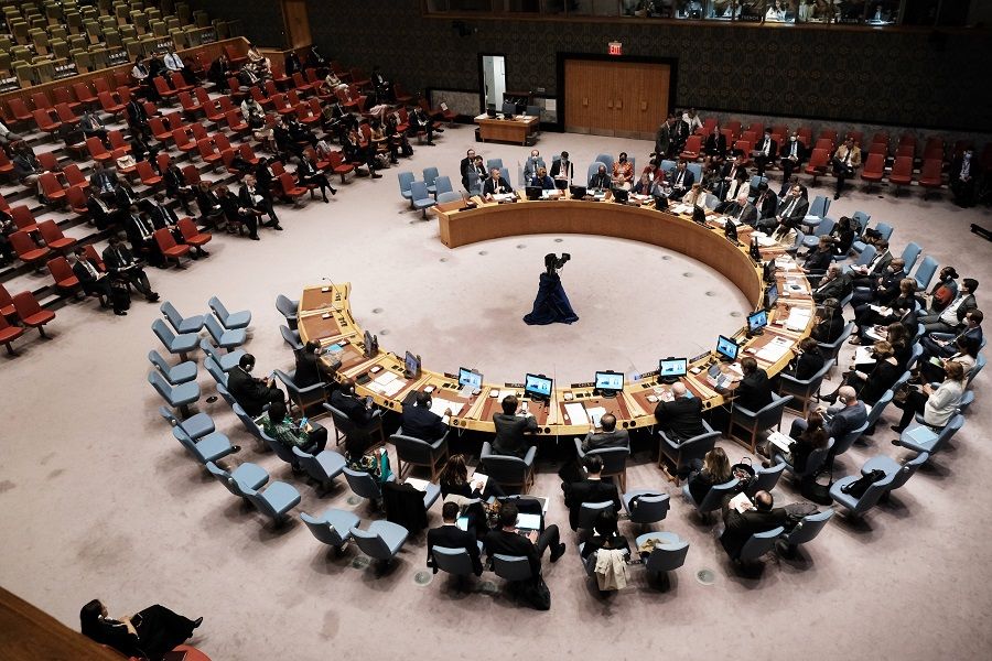 Members of the United Nations Security Council attend a meeting about the ongoing situation in Ukraine on 5 May 2022 in New York City, US. (Spencer Platt/Getty Images/AFP)