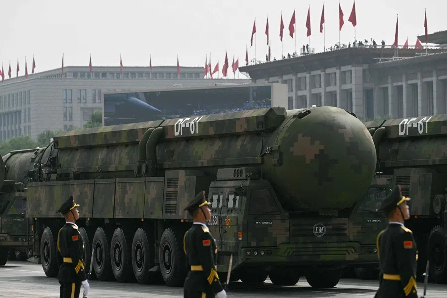 The DF-61 intercontinental ballistic missiles is seen during a military parade marking the 80th anniversary of victory over Japan and the end of World War II, in Beijing’s Tiananmen Square on 3 September 2025.
