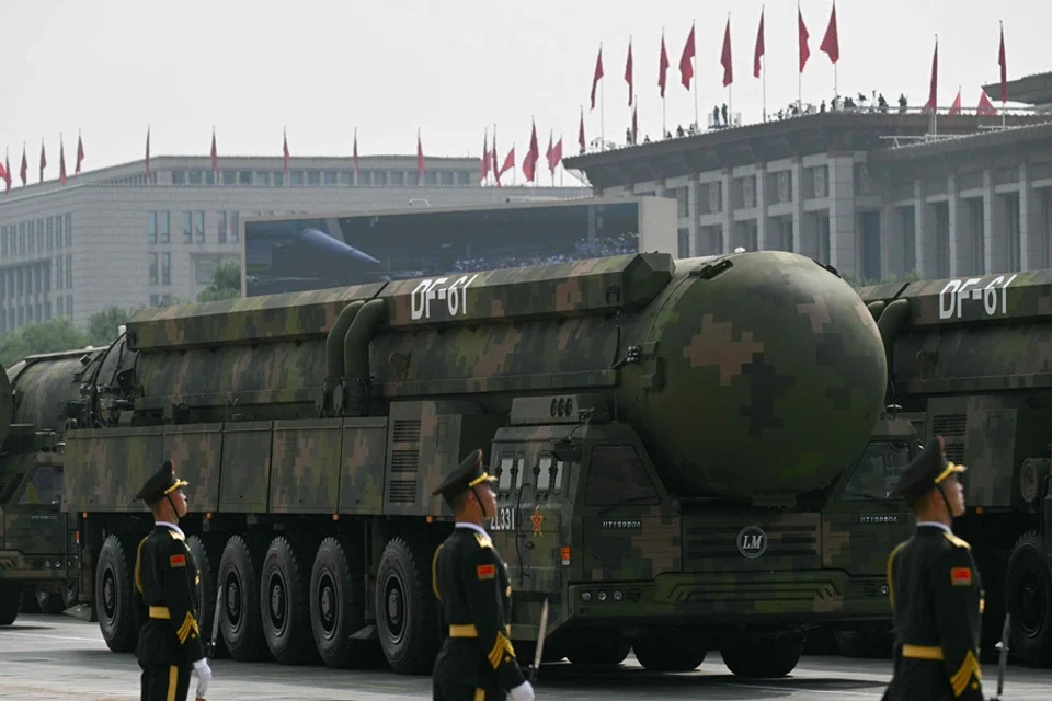 The DF-61 intercontinental ballistic missiles is seen during a military parade marking the 80th anniversary of victory over Japan and the end of World War II, in Beijing’s Tiananmen Square on 3 September 2025. (Greg Baker/AFP)