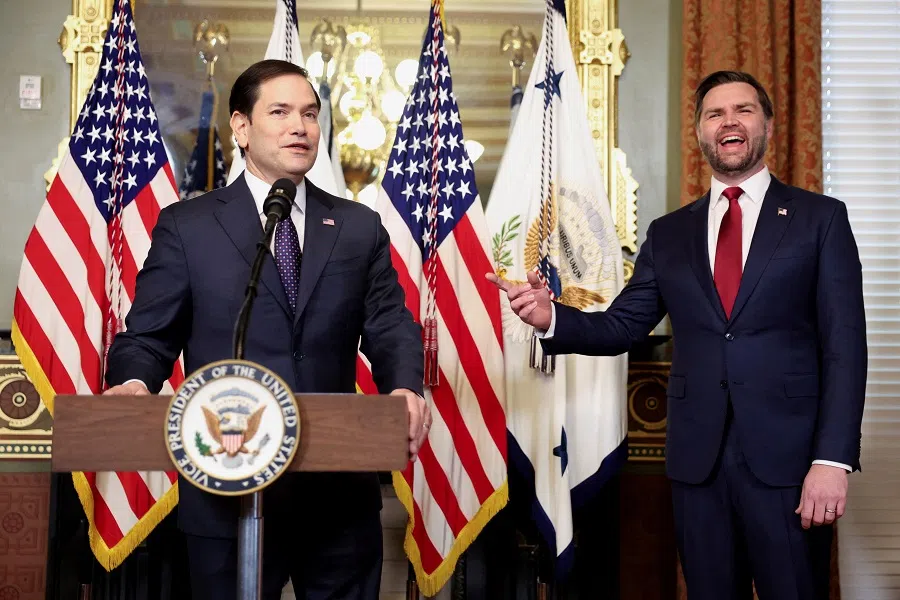 Marco Rubio speaks after he is sworn in as secretary of state by US Vice-President JD Vance at the Eisenhower Executive Office Building in Washington, US, on 21 January 2025. (Kevin Lamarque/Reuters)