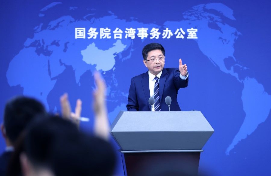 Taiwan Affairs Office (TAO) spokesperson Ma Xiaoguang at a press conference, 17 May 2023. (CNS)